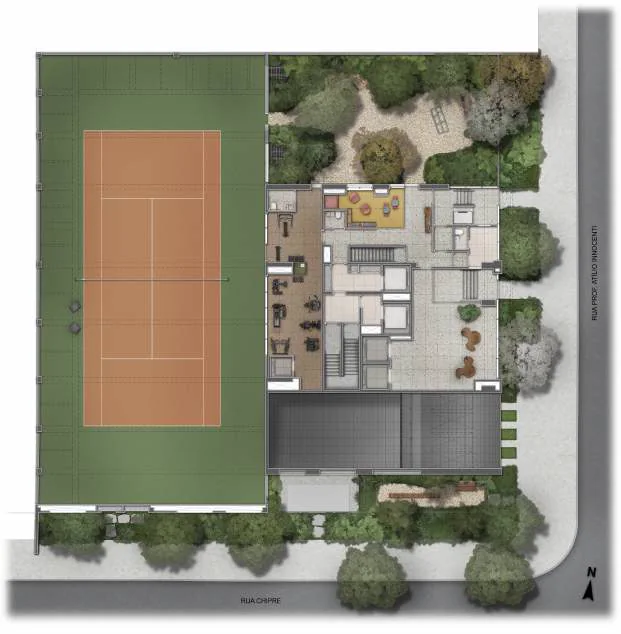 Planta de implantação do térreo, com quadra de tênis, hall social, brinquedoteca, playground e lounge