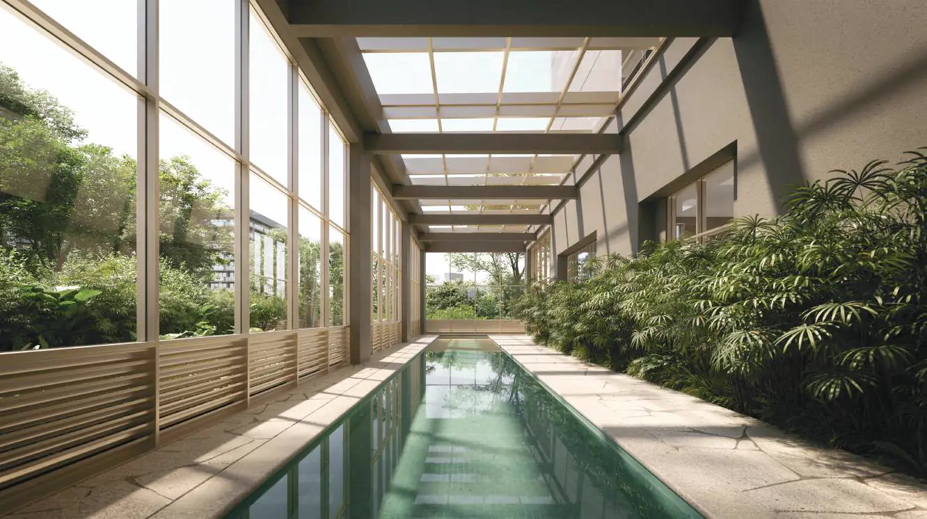 Perspectiva ilustrada da piscina raia coberta, cercada por vidro e vegetação