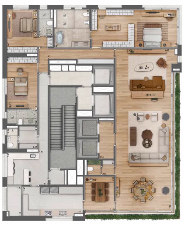Planta opção 1 de 361 m² com três suítes, sala ampliada, banho master e cozinha ampliada